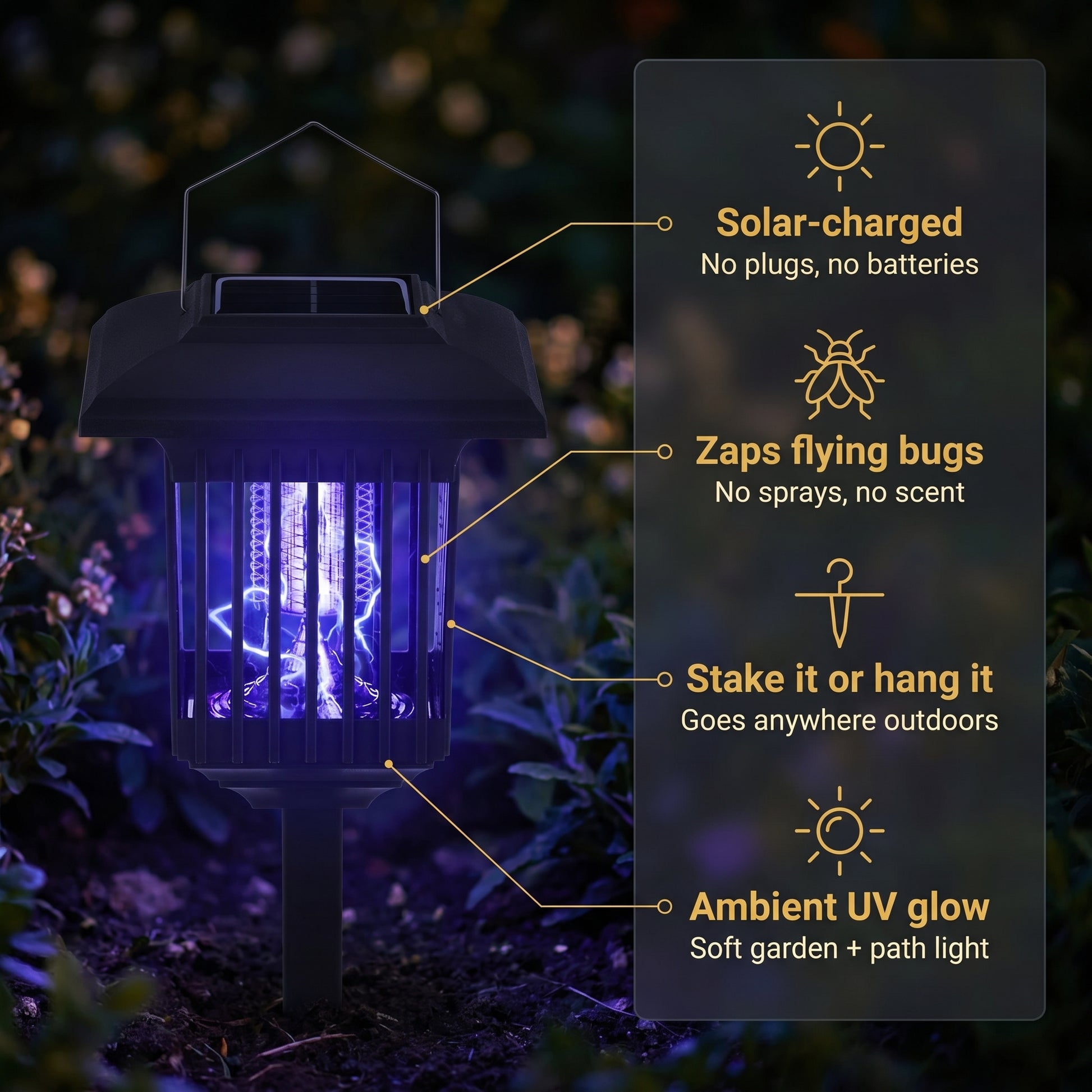 Rascal Solar Bug Lantern features: solar-charged, zaps flying bugs, stake or hang, ambient UV glow