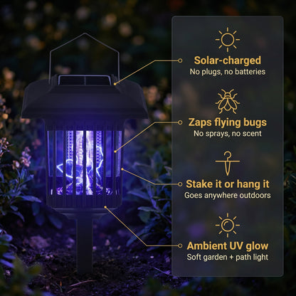 Rascal Solar Bug Lantern features: solar-charged, zaps flying bugs, stake or hang, ambient UV glow