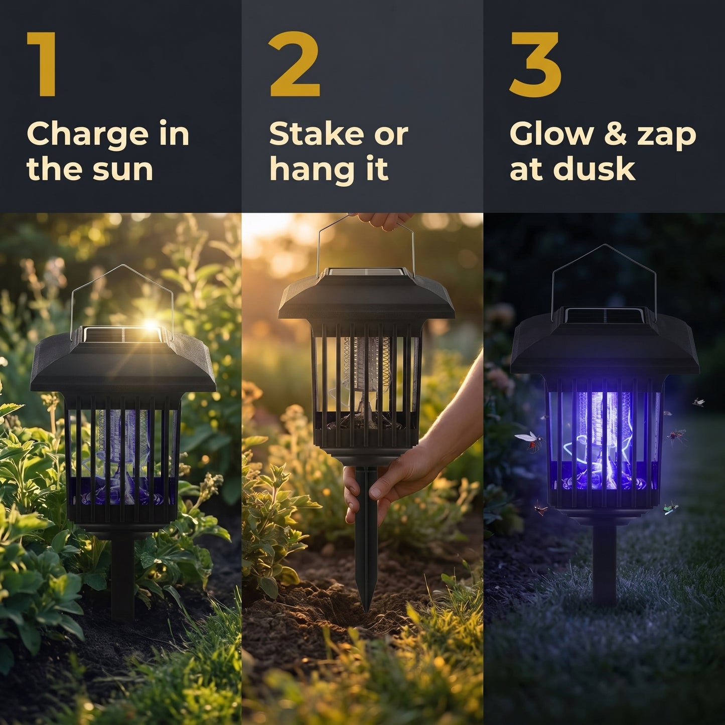 How the Rascal Solar Bug Lantern works: charge in the sun, stake or hang, glow and zap at dusk