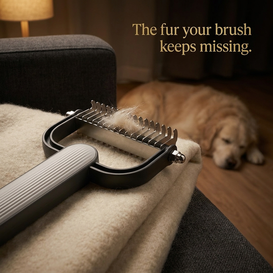 Rascal Undercoat Rake on a cream throw beside a sleeping dog — the fur your brush keeps missing