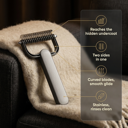 Rascal Undercoat Rake benefits — reaches the hidden undercoat, two sides in one, curved blades, stainless rinses clean