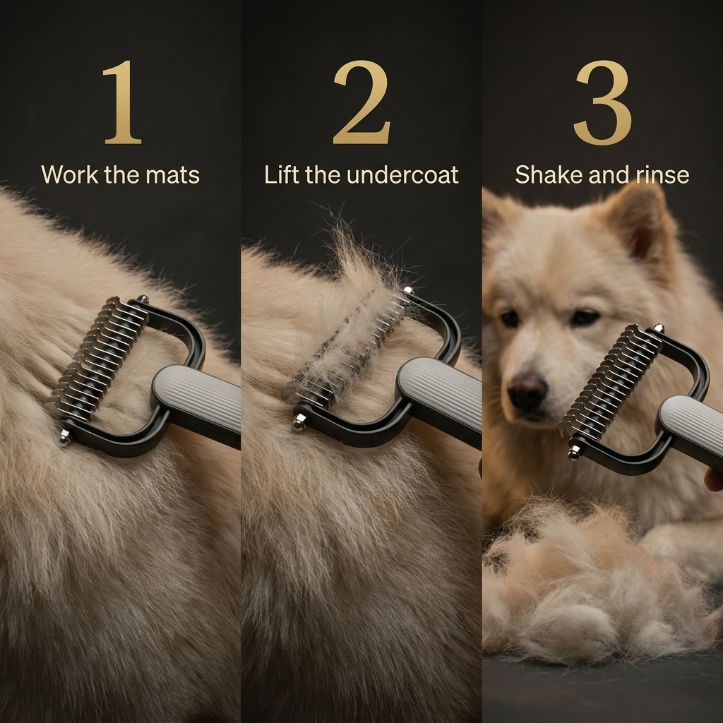 How to use the Rascal Undercoat Rake — work the mats, lift the undercoat, shake and rinse