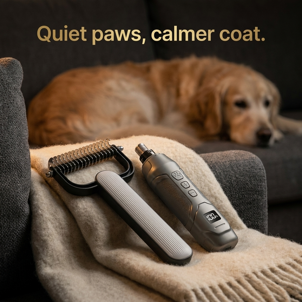 Rascal Home Grooming Kit — the grey nail grinder and undercoat rake together. Quiet paws, calmer coat.