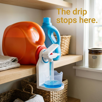 Rascal No-Drip Detergent Tray catching a pour from a detergent jug in a warm laundry room