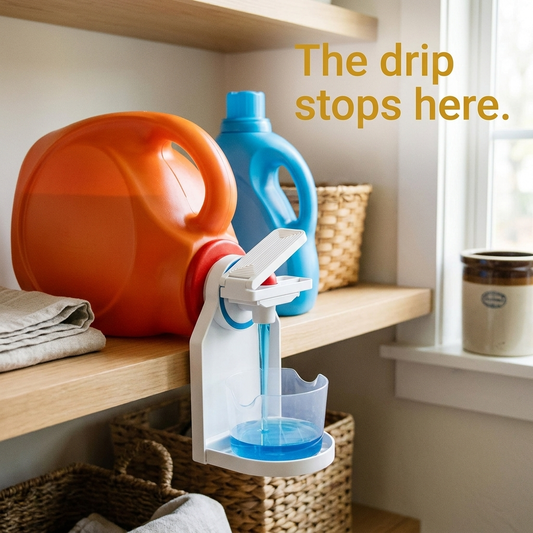 Rascal No-Drip Detergent Tray catching a pour from a detergent jug in a warm laundry room