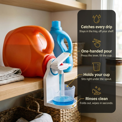 Rascal No-Drip Detergent Tray benefits: catches every drip, one-handed pour, holds your cup, rinses clean