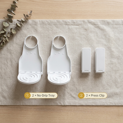 What's in the box: 2 No-Drip Trays and 2 Press Clips
