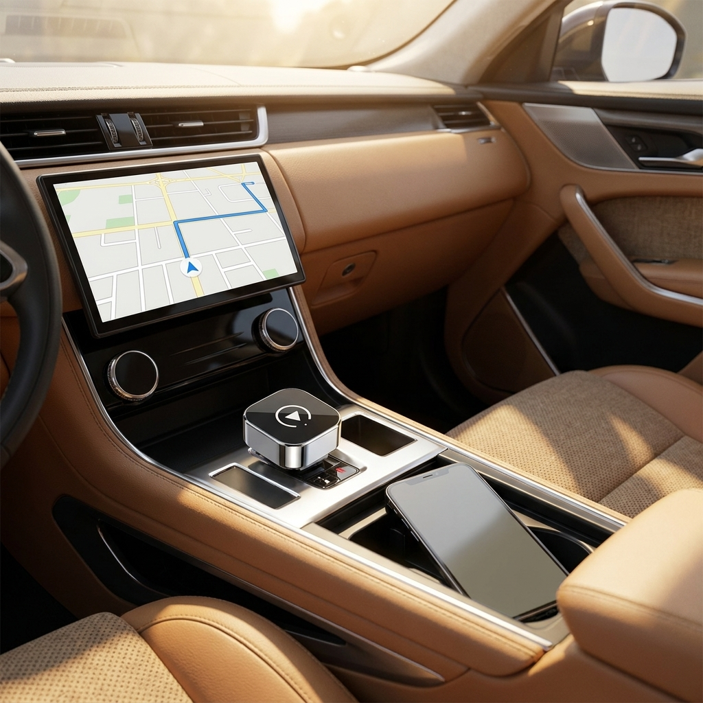 Rascal Wireless CarPlay & Android Auto Adapter plugged into a car console USB port