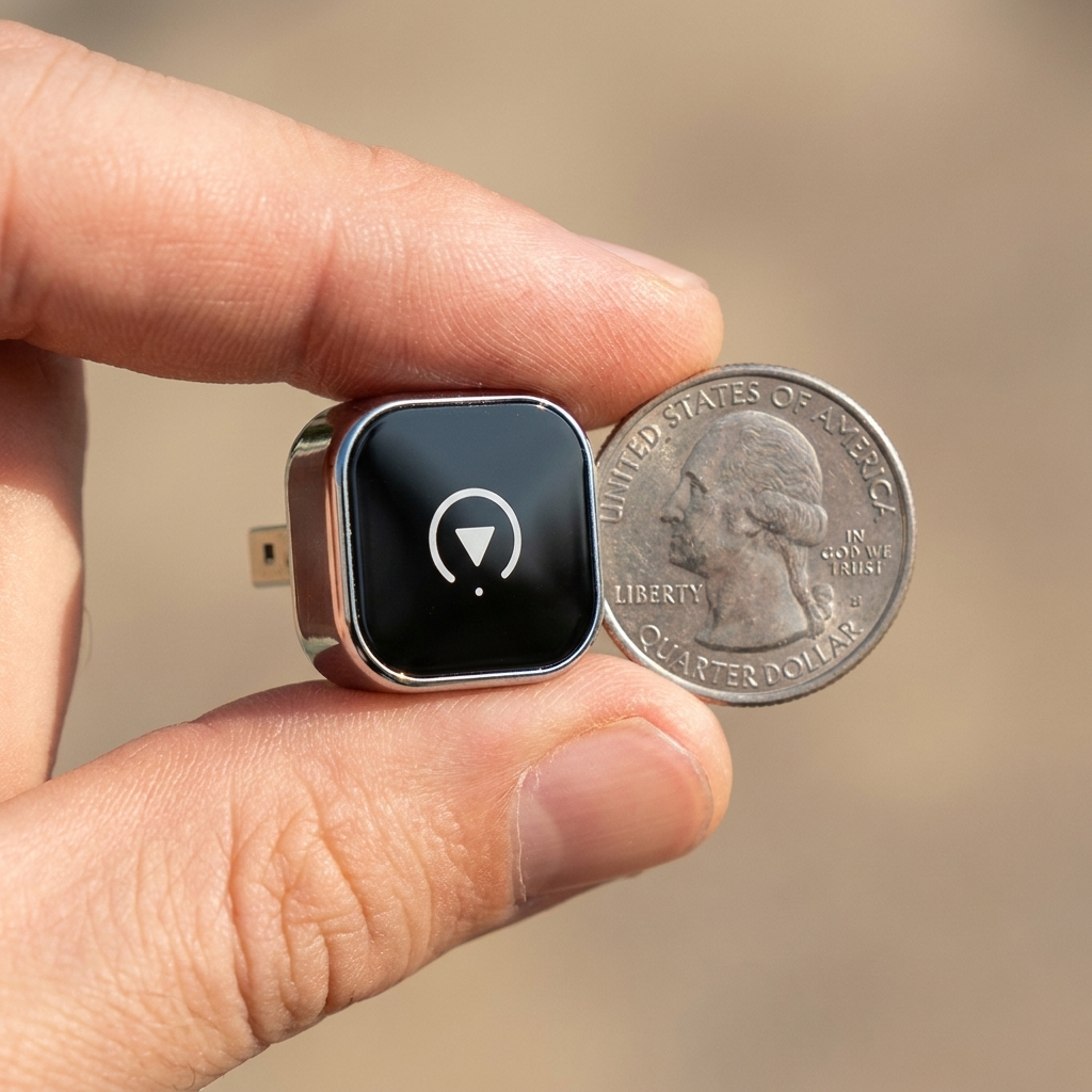 Coin-sized adapter shown next to a quarter for scale