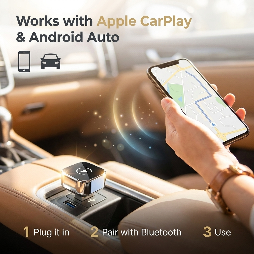 How it works: plug it in, pair with Bluetooth, use — works with Apple CarPlay and Android Auto