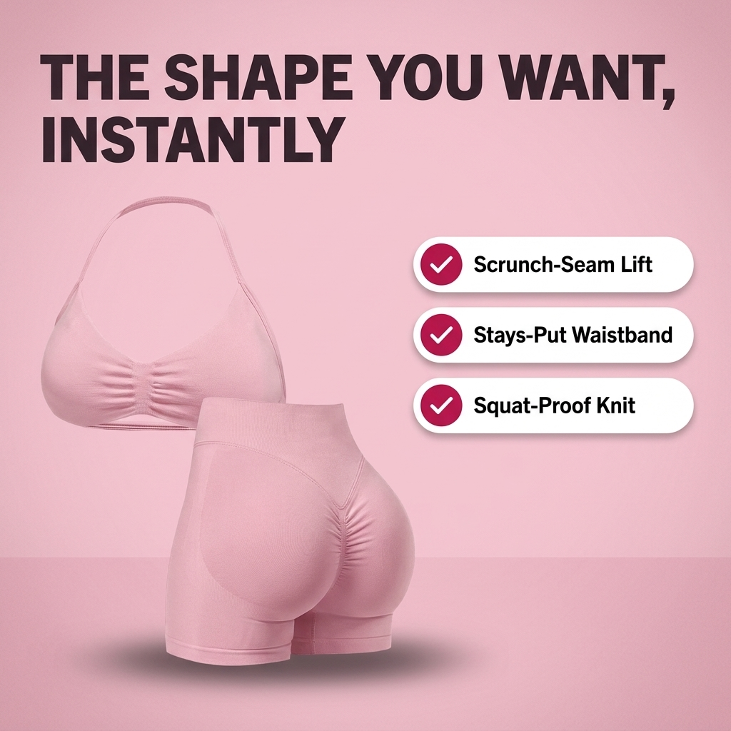 The Sculpt Set by Ophelora — hero infographic: scrunch-seam lift, stays-put waistband, squat-proof knit