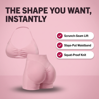 The Sculpt Set by Ophelora — hero infographic: scrunch-seam lift, stays-put waistband, squat-proof knit