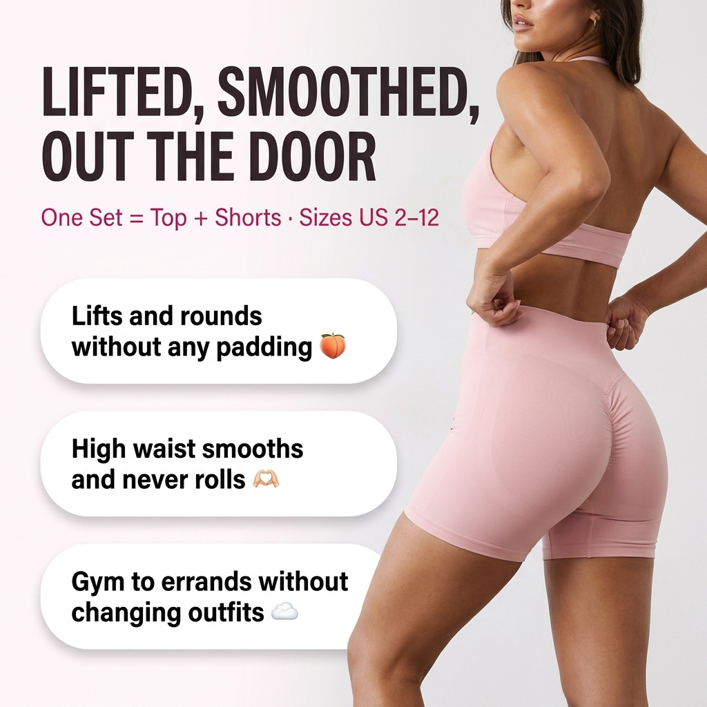 Lifted, smoothed, out the door — Sculpt Set benefits with model wearing blush pink set