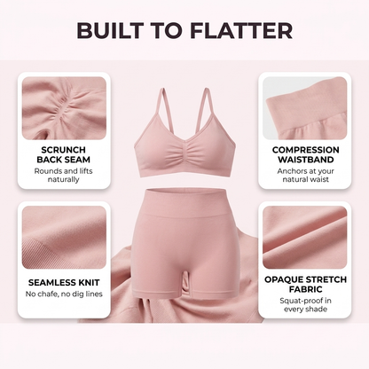 Built to Flatter — Sculpt Set fabric and construction features: scrunch back seam, compression waistband, seamless knit, opaque stretch fabric